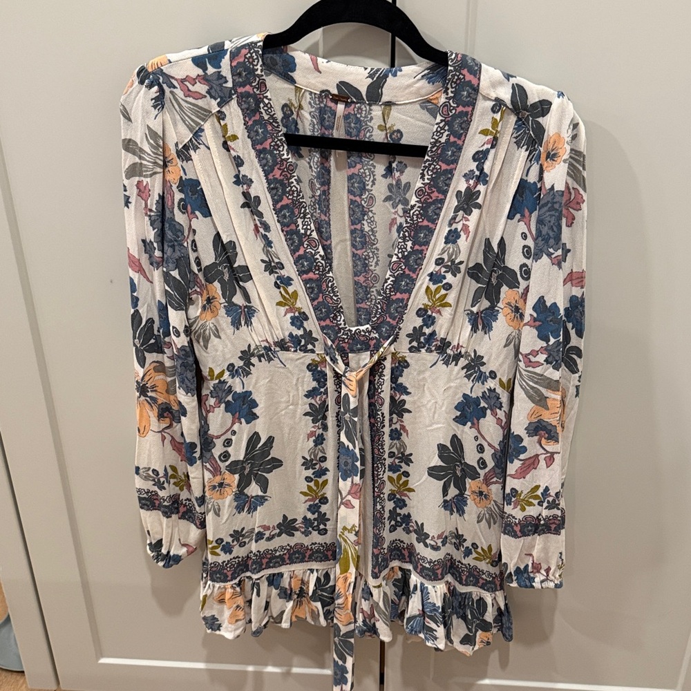 Free People Floral V-Neck Top in Blue and Pink
